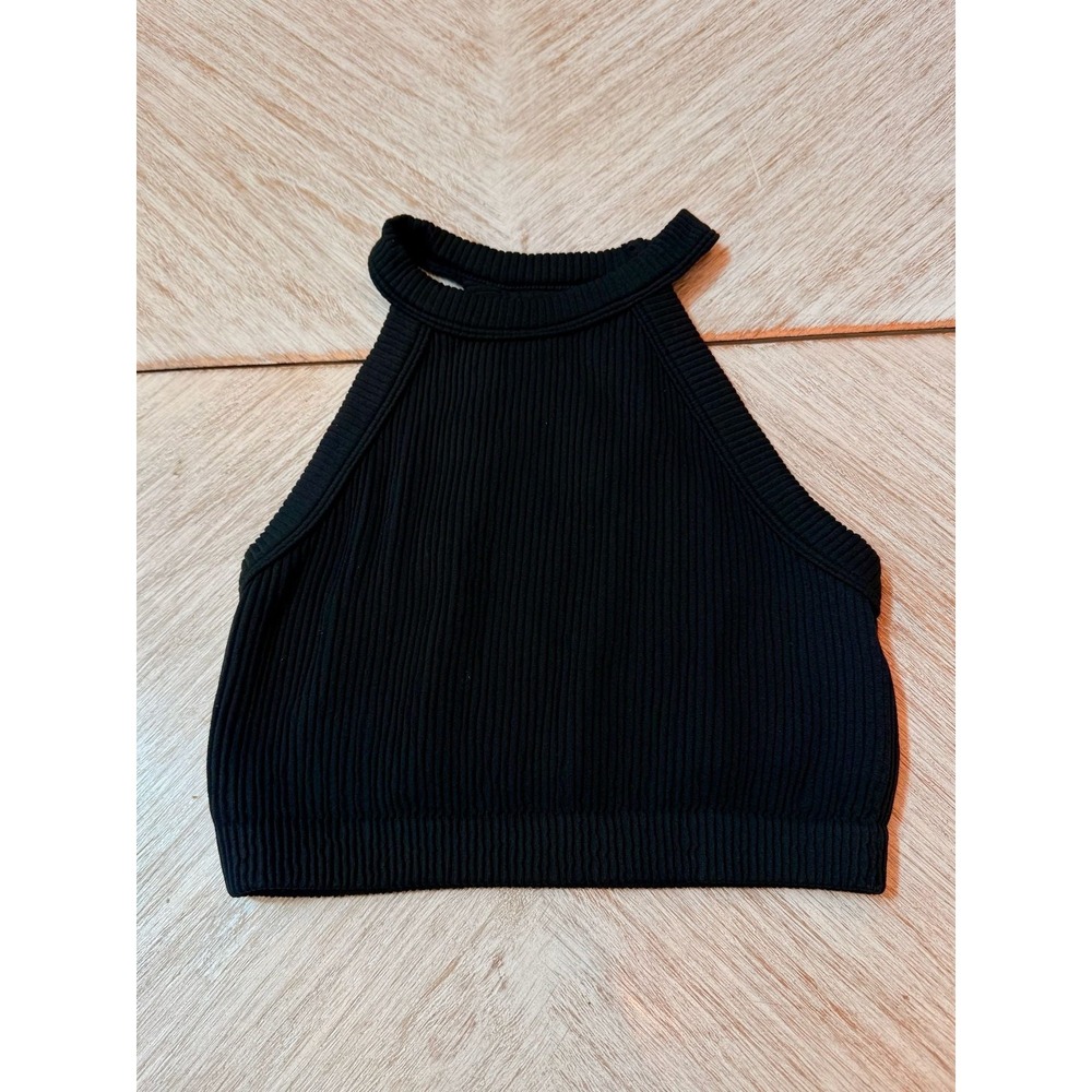 Aerie Black Ribbed Halter Crop Top Size S - Picture 1 of 5